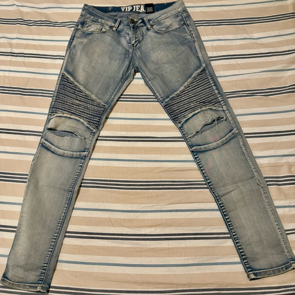 VIP Unisex Biker Ripped Jeans - Picture 2 of 10